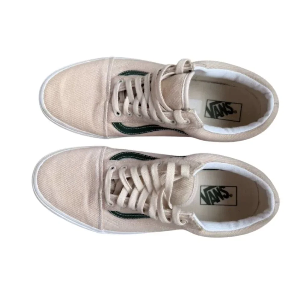 Vans Old Skool Beige Canvas Sneakers with Green Stripe – Size 10